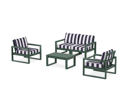 POLYWOOD® EDGE Sectional 4-Piece Deep Seating Set with Loveseat in Green / Cabana Stripe Navy