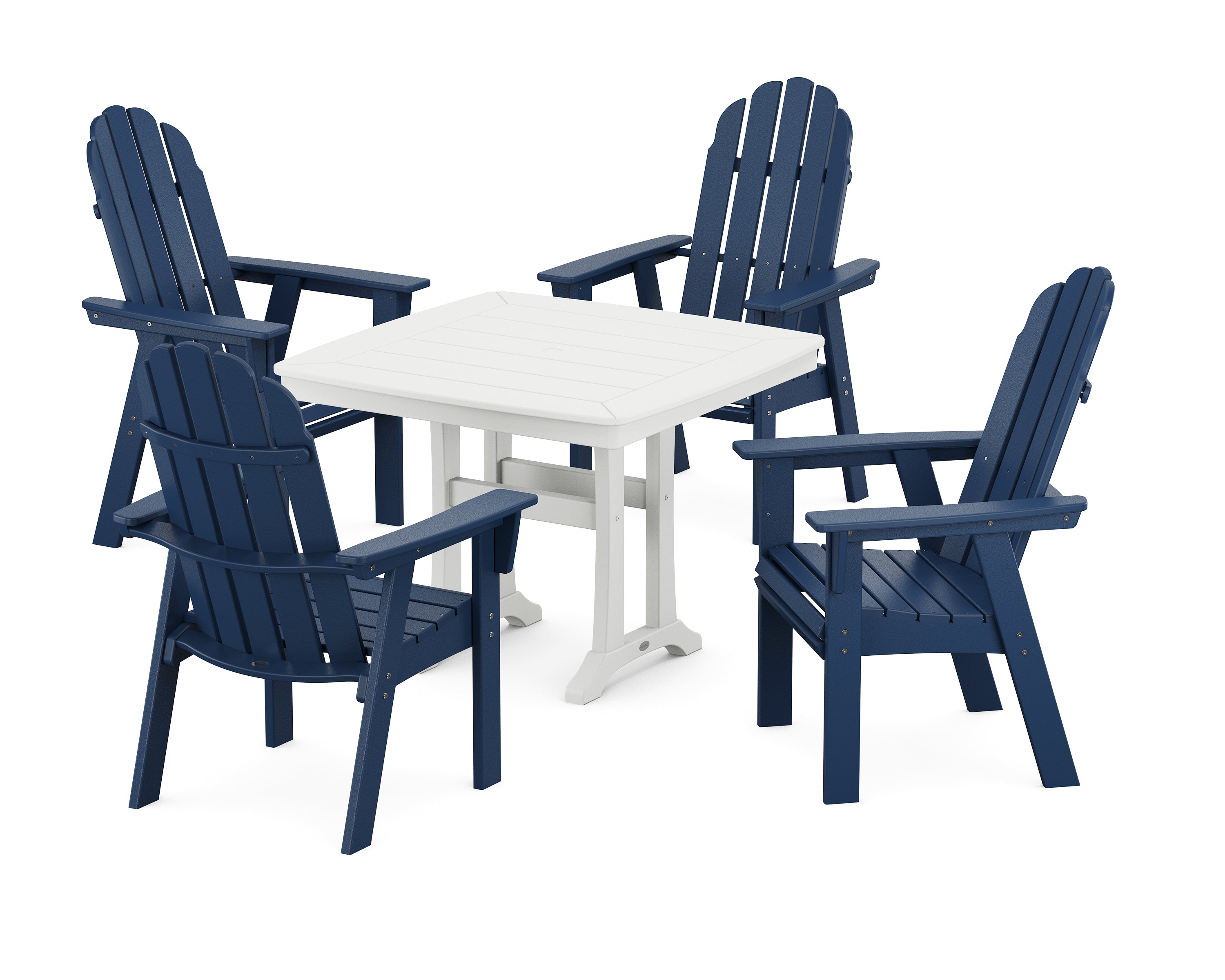 POLYWOOD® Vineyard Adirondack 5-Piece Dining Set with Trestle Legs in Navy / White