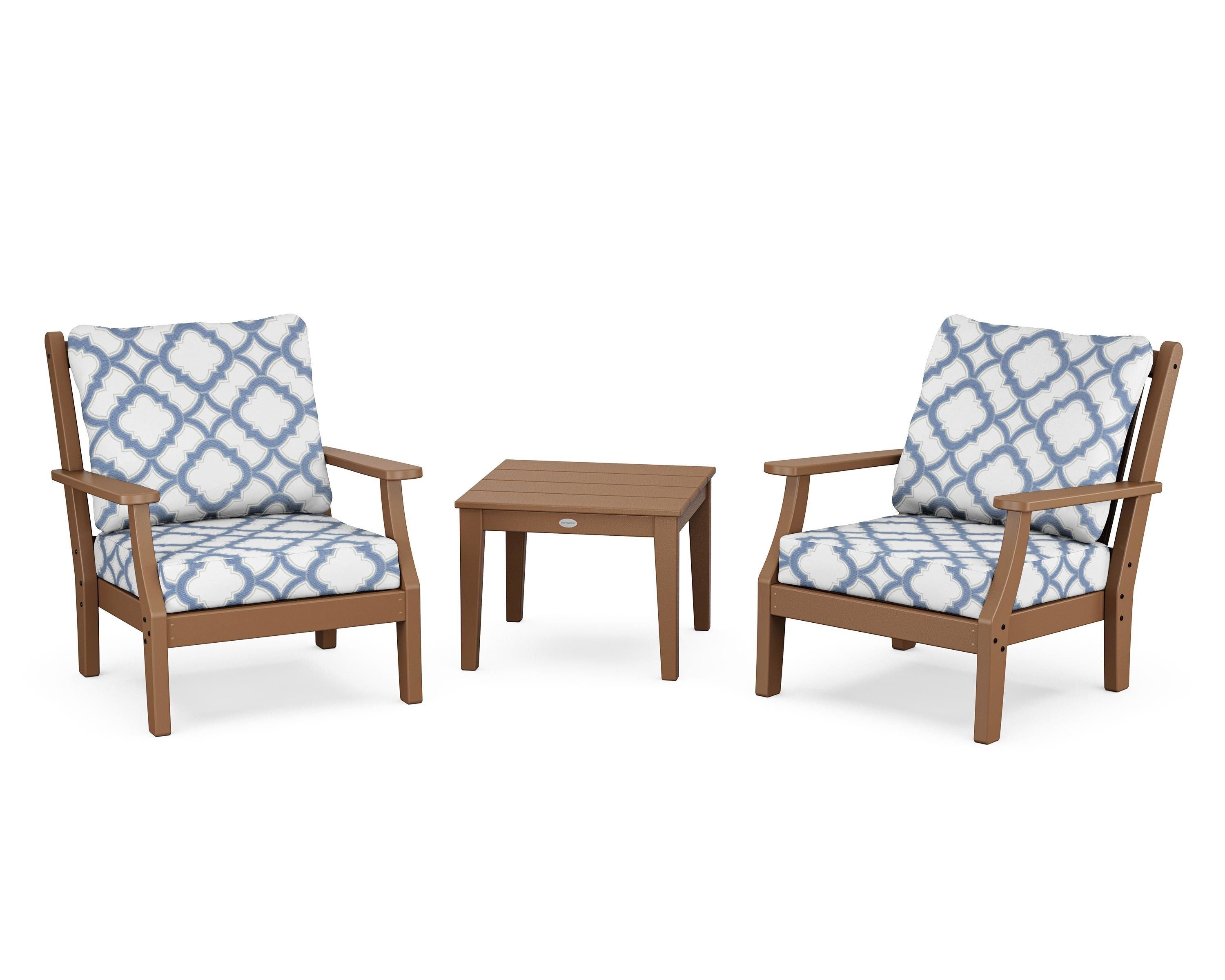 Country Living Wovendale 3-Piece Deep Seating Set in Teak / Trellis Sky Blue