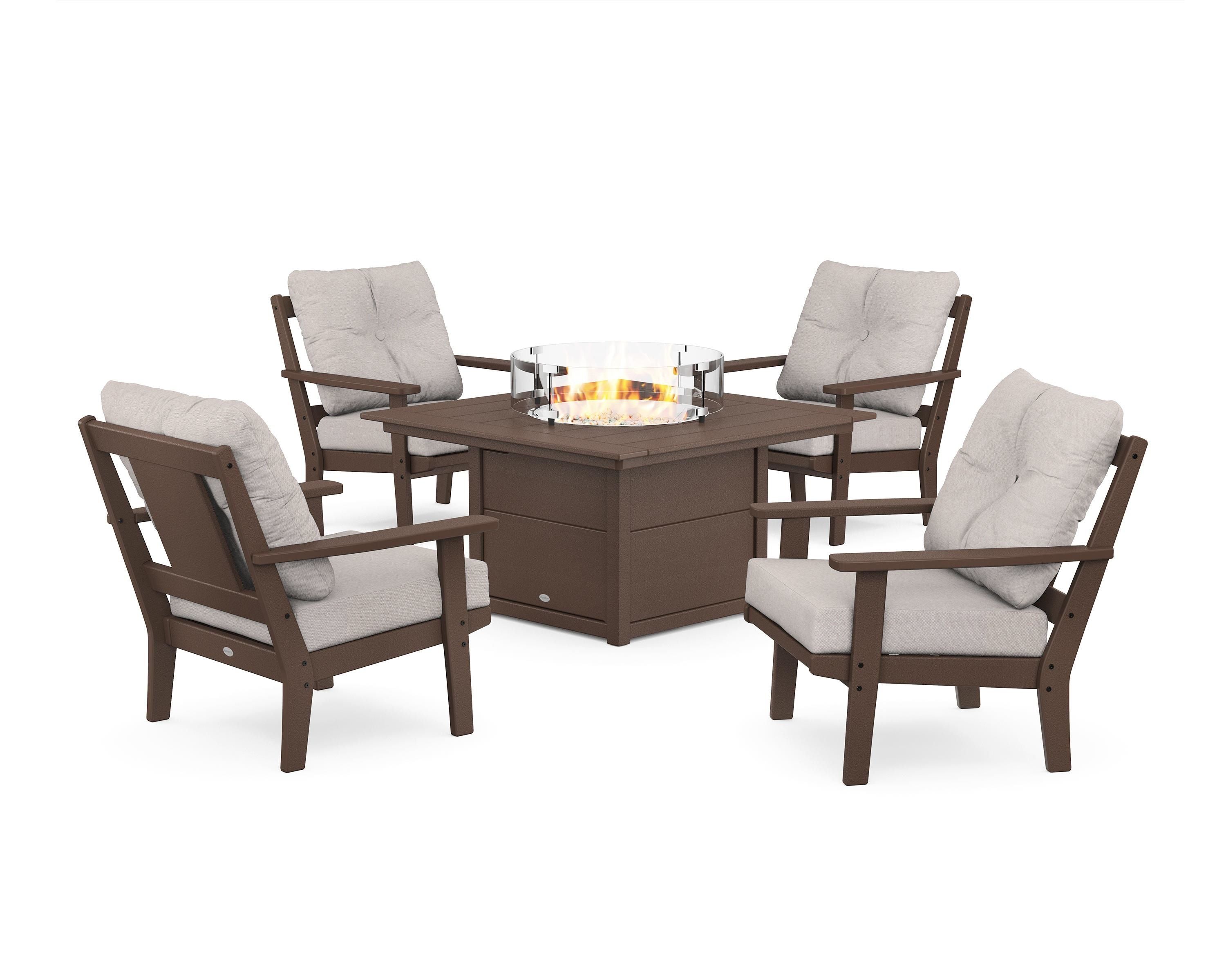 POLYWOOD® Prairie 5-Piece Deep Seating Set with Fire Pit Table in Mahogany / Dune Burlap