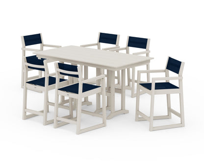 POLYWOOD® EDGE Sling Arm Chair 7-Piece Farmhouse Counter Set in Sand / Navy Blue Sling