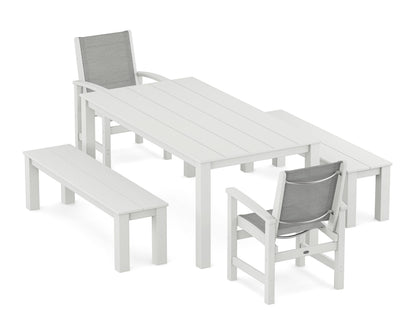 POLYWOOD® Coastal 5-Piece Parsons Dining Set with Benches in White / Metallic Sling