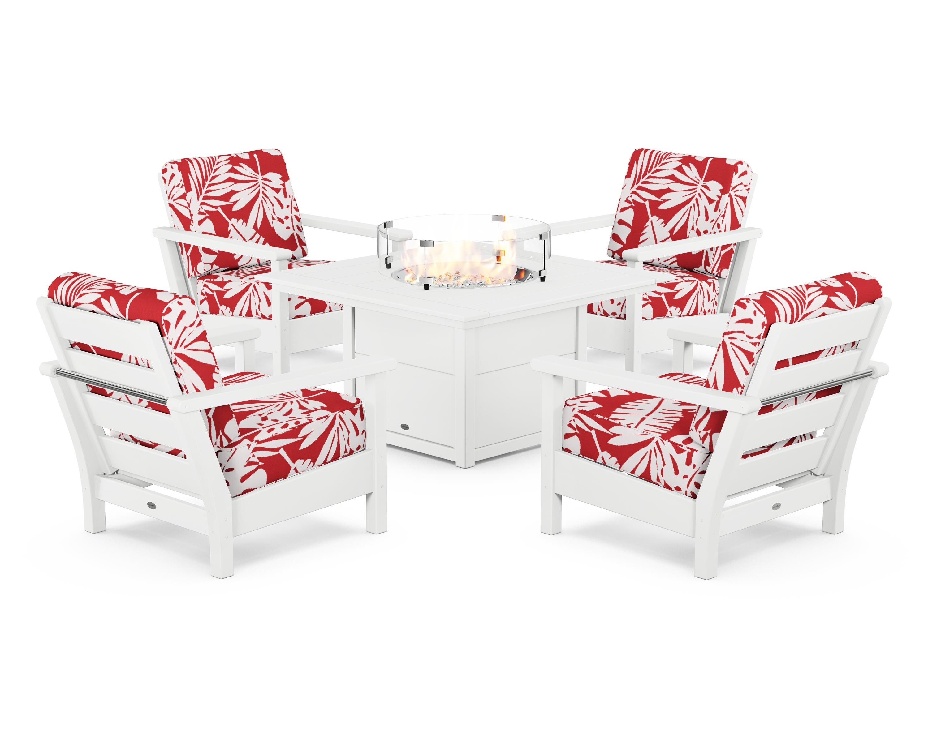 POLYWOOD® Harbour 5-Piece Conversation Set with Fire Pit Table in White / Leaf Crimson