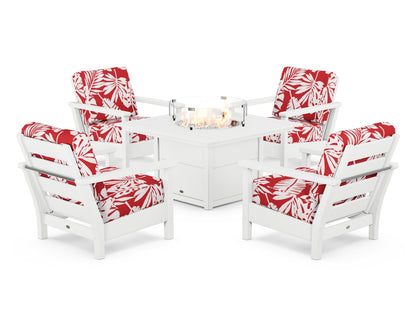 POLYWOOD® Harbour 5-Piece Conversation Set with Fire Pit Table in White / Leaf Crimson