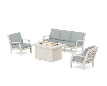 Martha Stewart by POLYWOOD® Chinoiserie Deep Seating Fire Pit Table Set in Sand / Spa