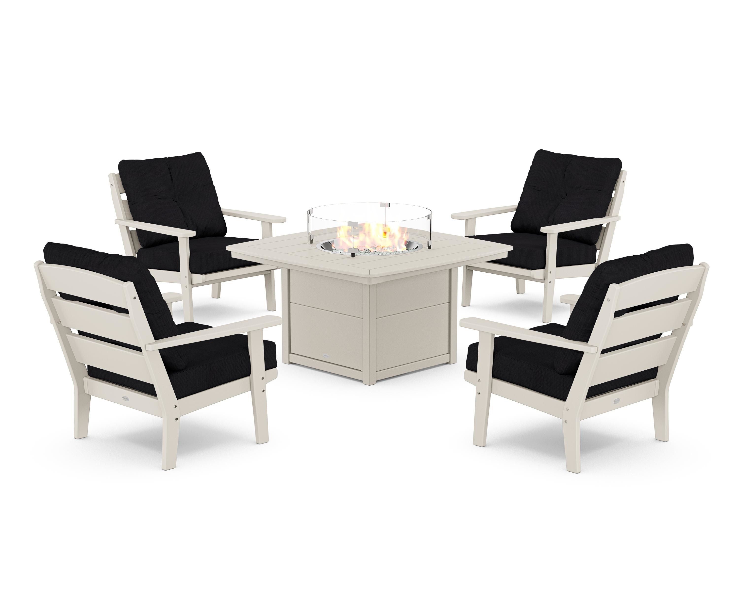 POLYWOOD® Lakeside 5-Piece Deep Seating Set with Nautical Fire Pit Table in Sand / Midnight Linen