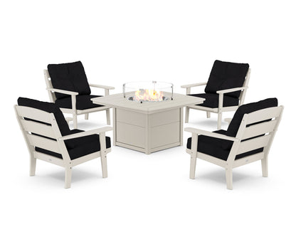 POLYWOOD® Lakeside 5-Piece Deep Seating Set with Nautical Fire Pit Table in Sand / Midnight Linen