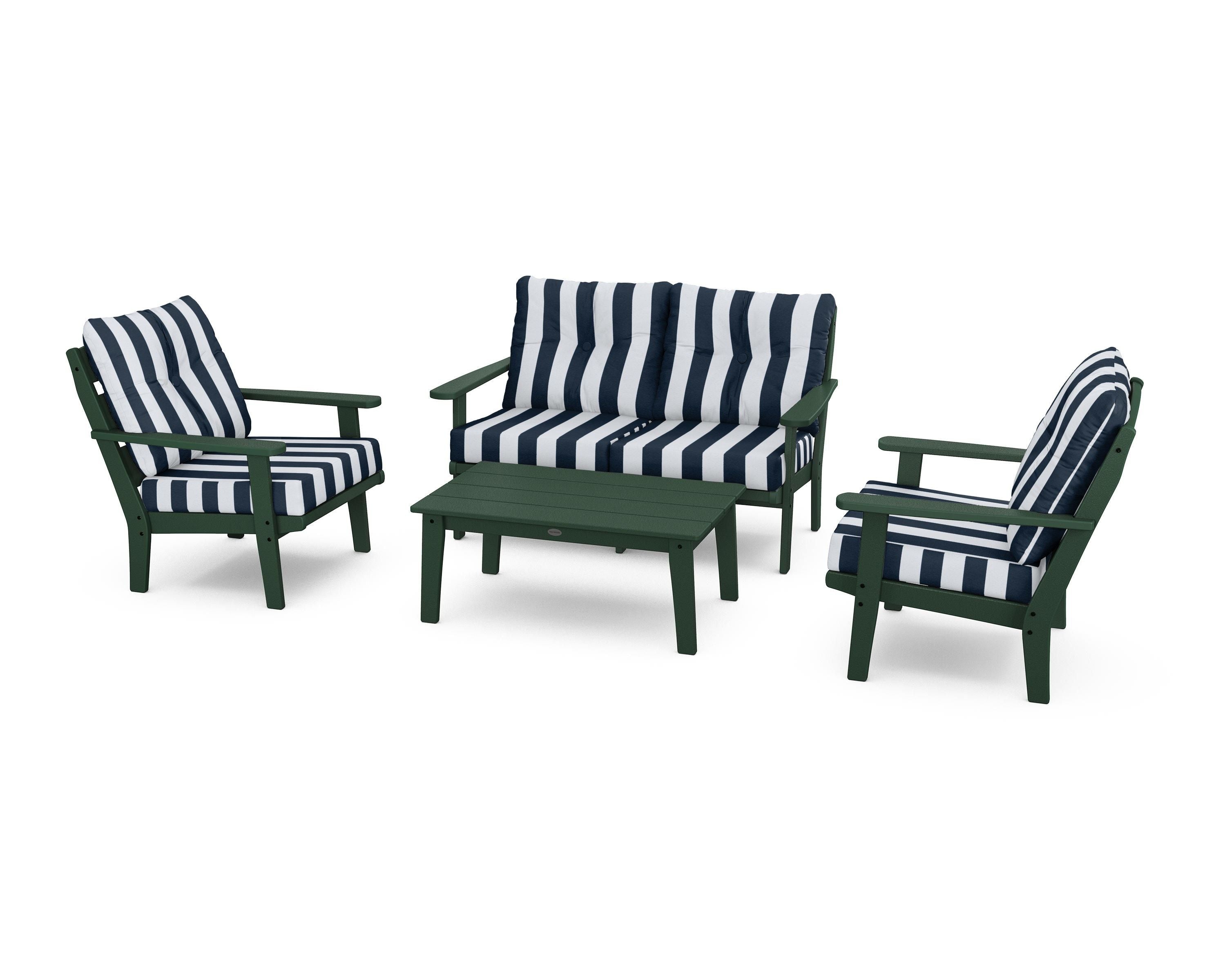 POLYWOOD® Lakeside 4-Piece Deep Seating Set in Green / Cabana Stripe Marine Indigo