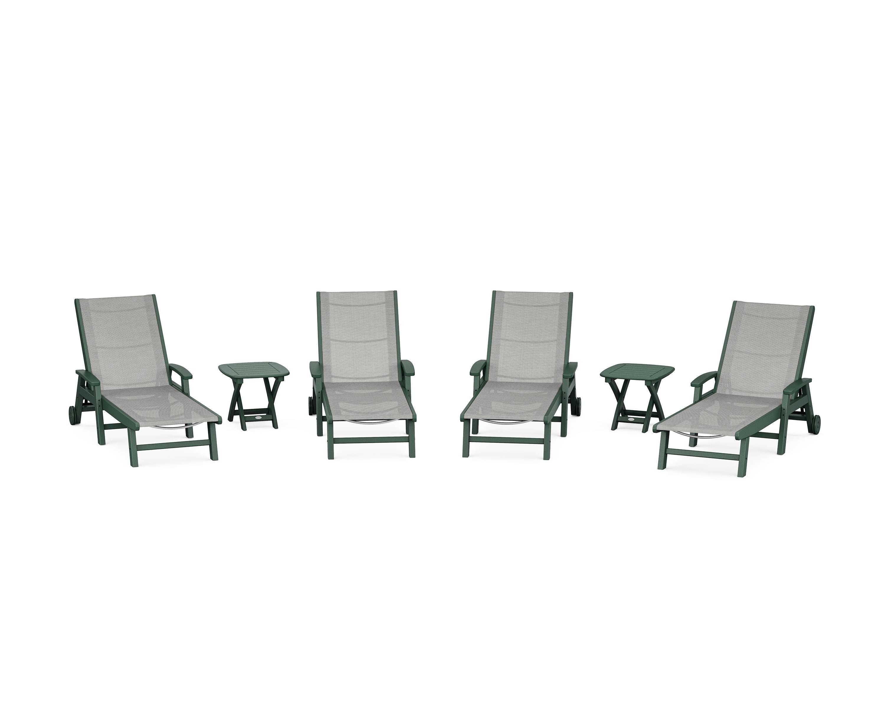 POLYWOOD® Coastal Chaise 6-Piece Set with Wheels in Green / Metallic Sling
