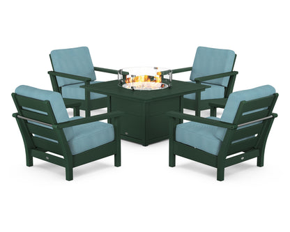 POLYWOOD® Harbour 5-Piece Conversation Set with Fire Pit Table in Green / Lattice Sky Blue