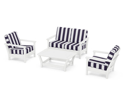 POLYWOOD® Harbour 4-Piece Deep Seating Set in White / Cabana Stripe Navy