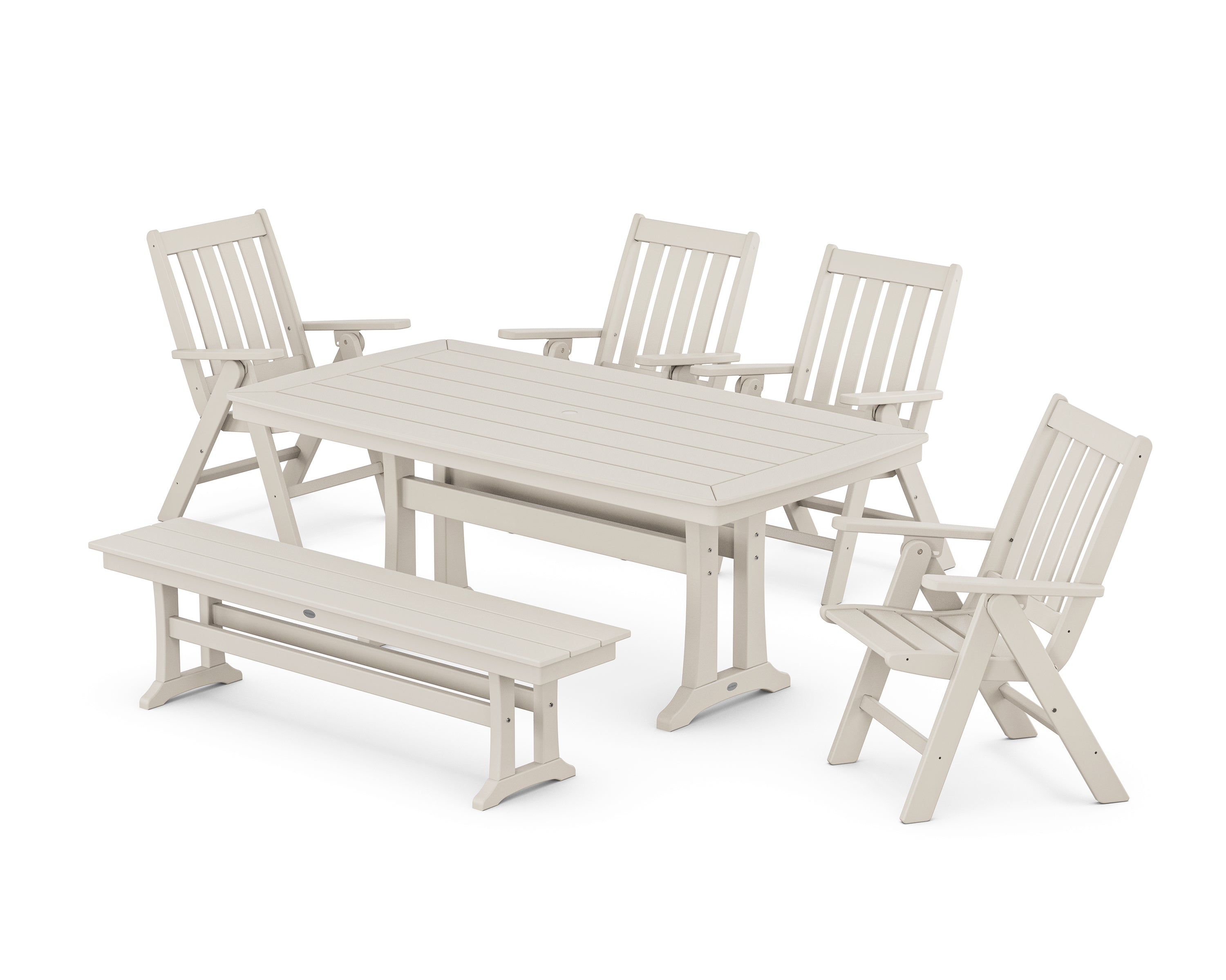 POLYWOOD® Vineyard Folding Chair 6-Piece Dining Set with Trestle Legs and Bench in Sand