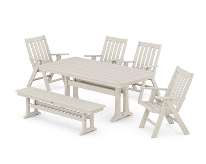 POLYWOOD® Vineyard Folding Chair 6-Piece Dining Set with Trestle Legs and Bench in Sand
