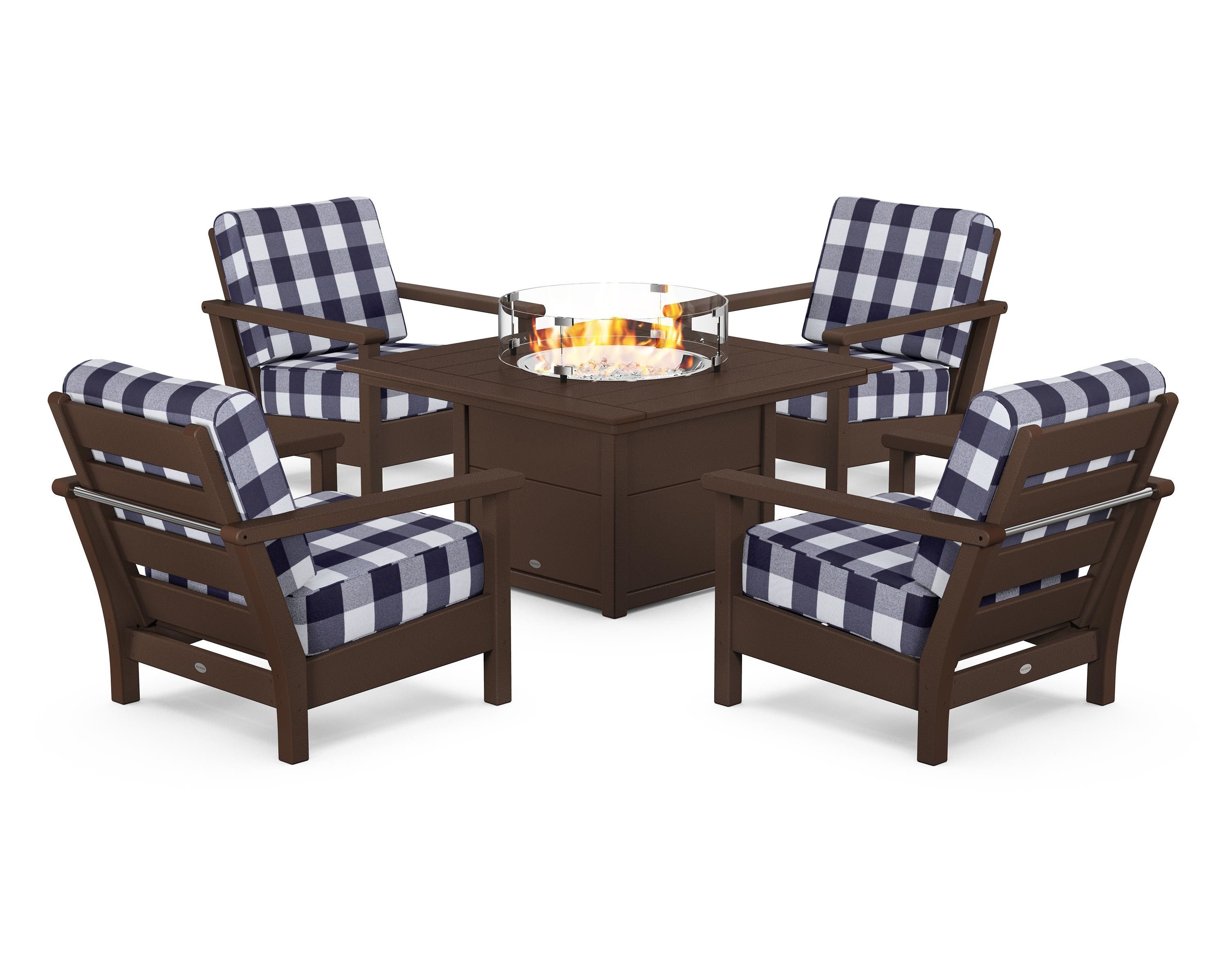 POLYWOOD® Harbour 5-Piece Conversation Set with Fire Pit Table in Mahogany / Buffalo Plaid Navy
