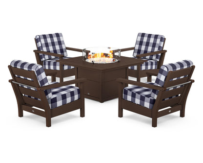 POLYWOOD® Harbour 5-Piece Conversation Set with Fire Pit Table in Mahogany / Buffalo Plaid Navy