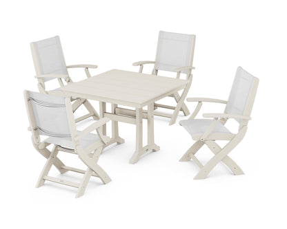 POLYWOOD® Coastal Folding Chair 5-Piece Farmhouse Dining Set With Trestle Legs in Sand / White Sling