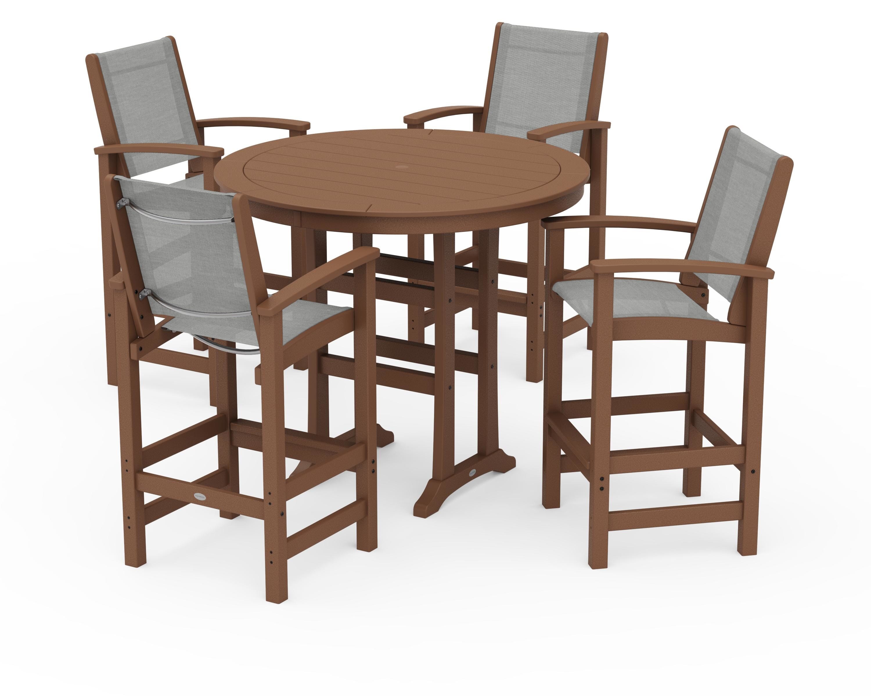 POLYWOOD® Coastal 5-Piece Nautical Trestle Bar Set in Teak / Metallic Sling