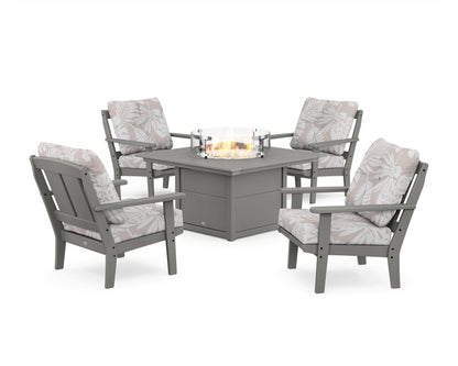 POLYWOOD® Mission 5-Piece Deep Seating Set with Fire Pit Table in Slate Grey / Leaf Dune Burlap