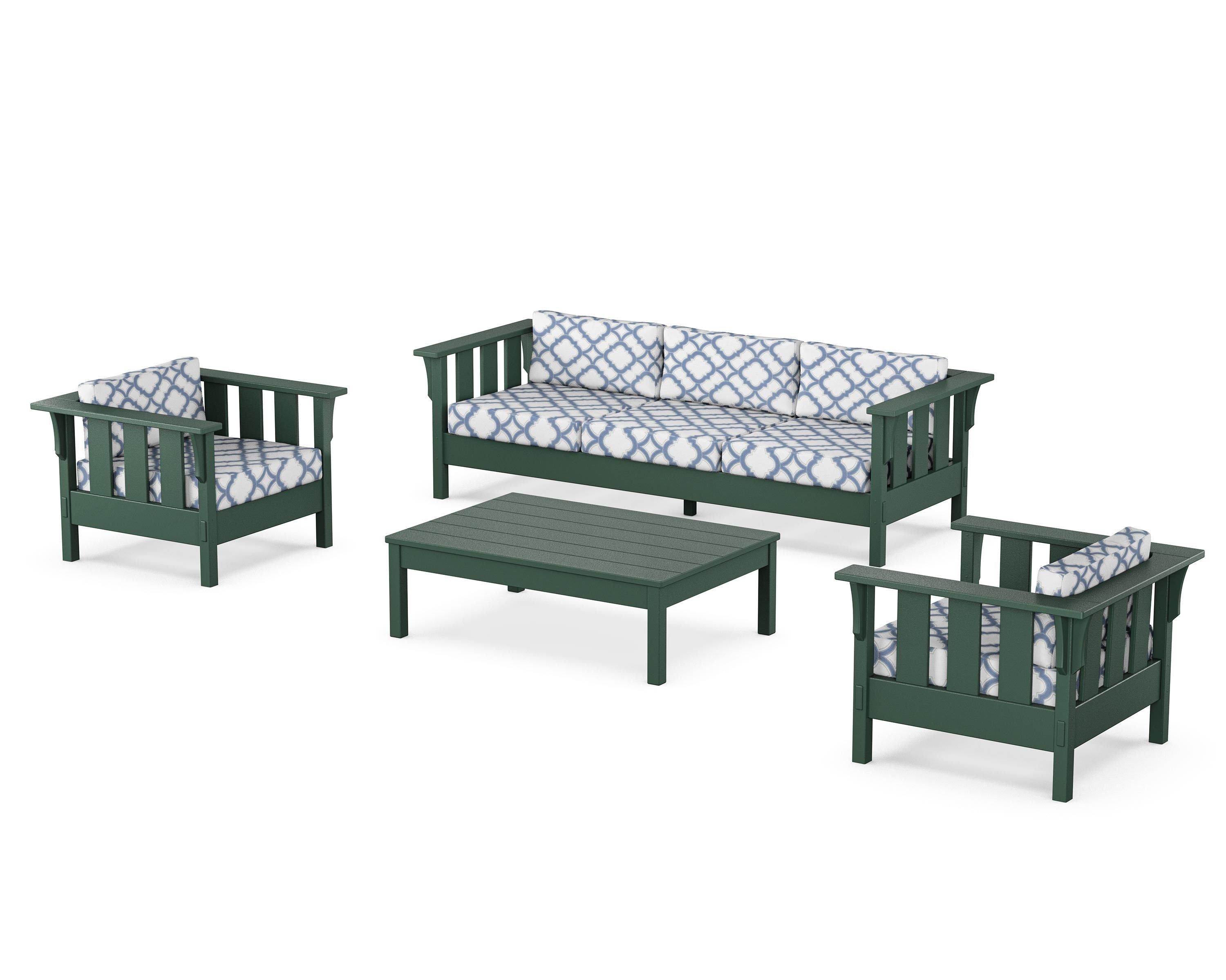 Martha Stewart by POLYWOOD® Acadia 4-Piece Deep Seating Set with Sofa in Green / Trellis Sky Blue