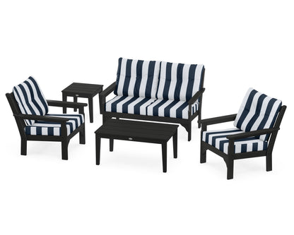 POLYWOOD® Vineyard 5-Piece Deep Seating Set in Black / Cabana Stripe Marine Indigo