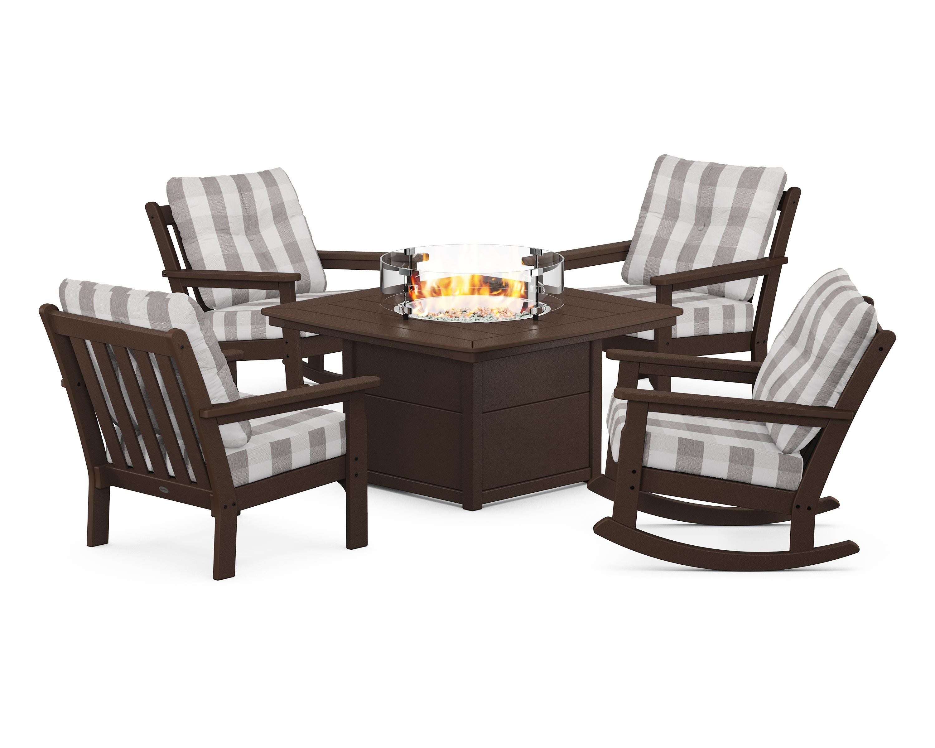 POLYWOOD® Vineyard 5-Piece Deep Seating Rocking Chair Conversation Set with Fire Pit Table in Mahogany / Buffalo Plaid Grey Mist