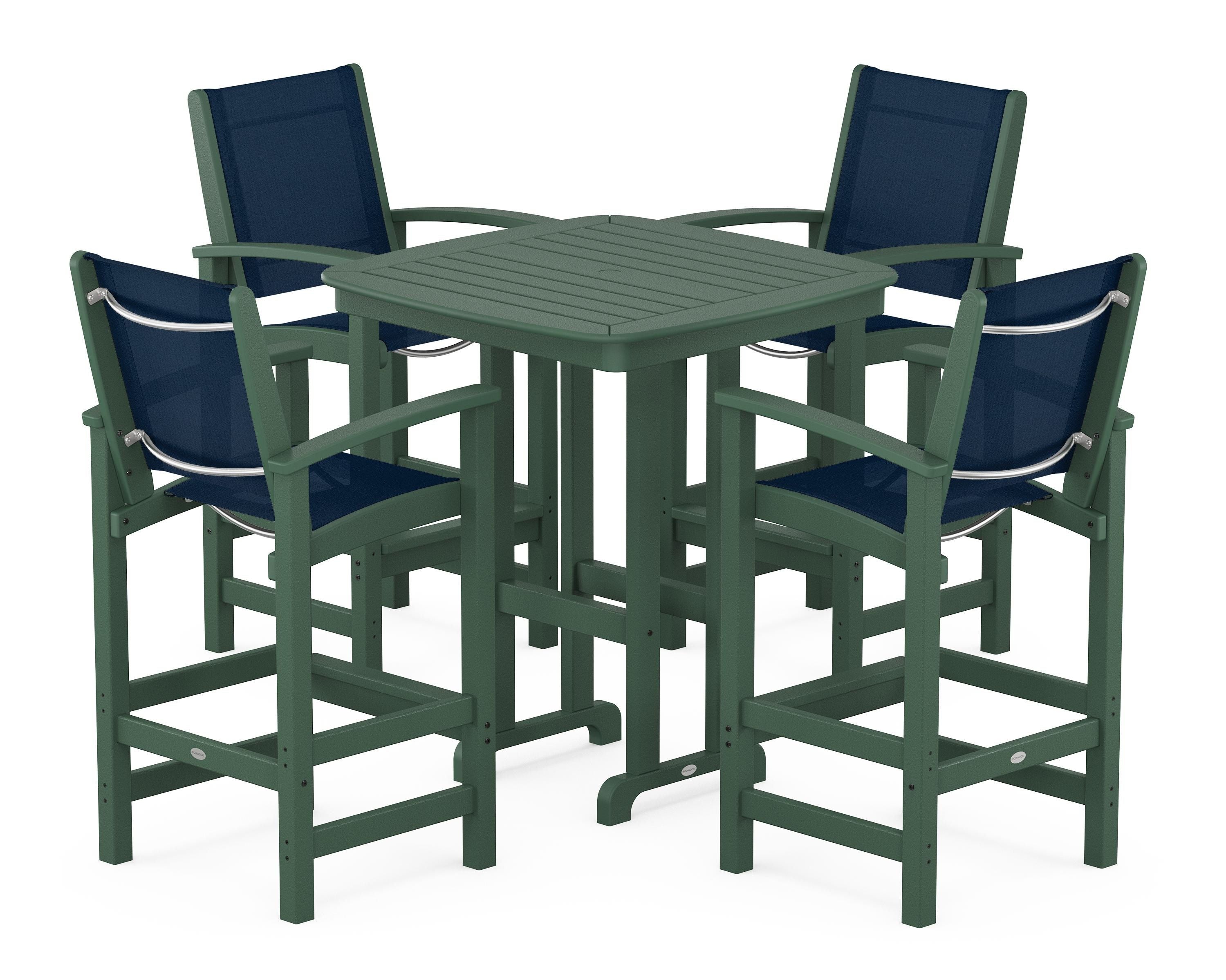 POLYWOOD® Coastal 5-Piece Bar Set in Green / Navy Blue Sling