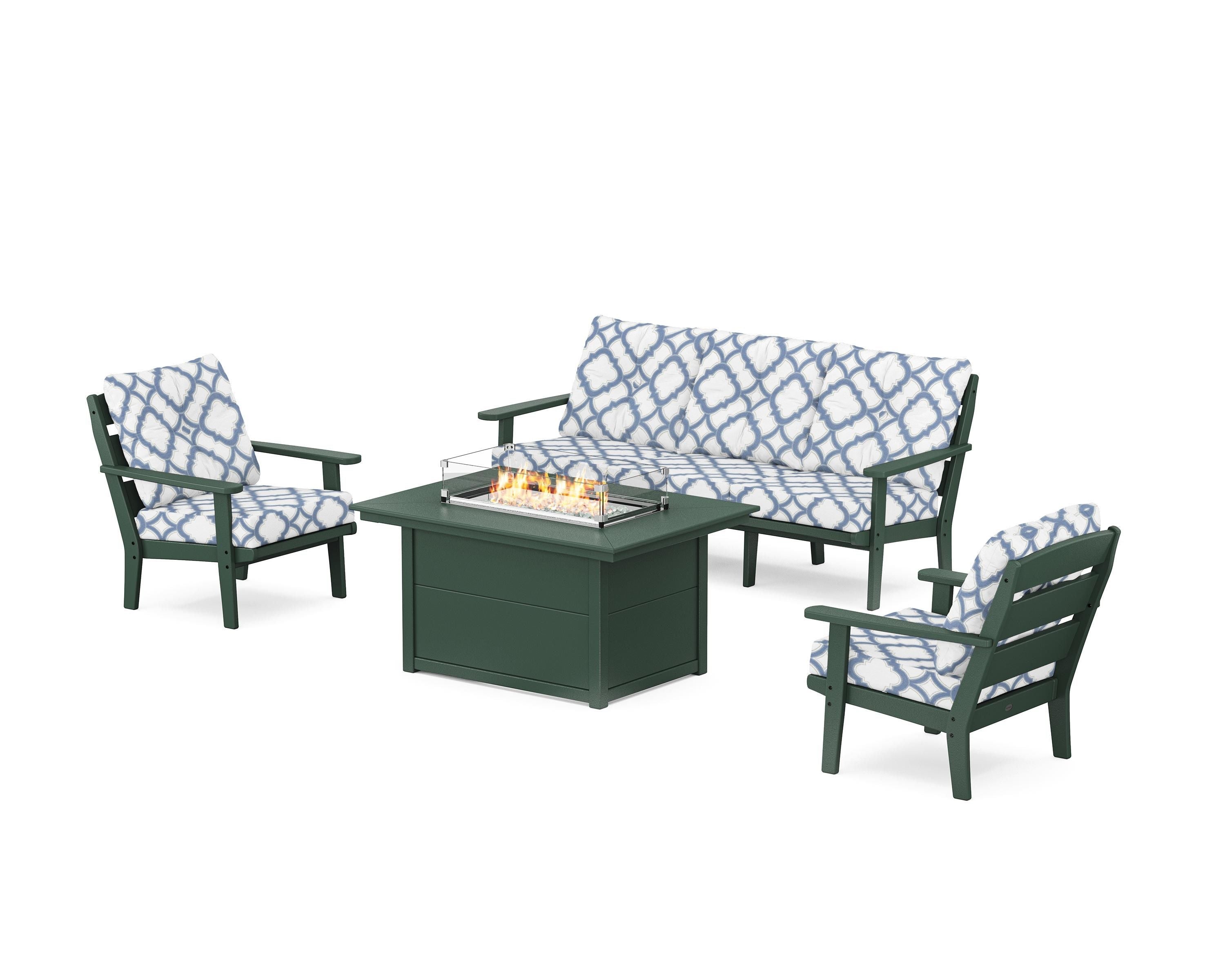 POLYWOOD® Lakeside Deep Seating Fire Pit Table Set in Green / Trellis Sky Blue