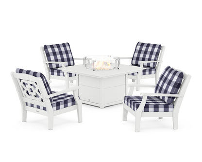 Martha Stewart by POLYWOOD® Chinoiserie 5-Piece Deep Seating Set with Fire Pit Table in White / Buffalo Plaid Navy