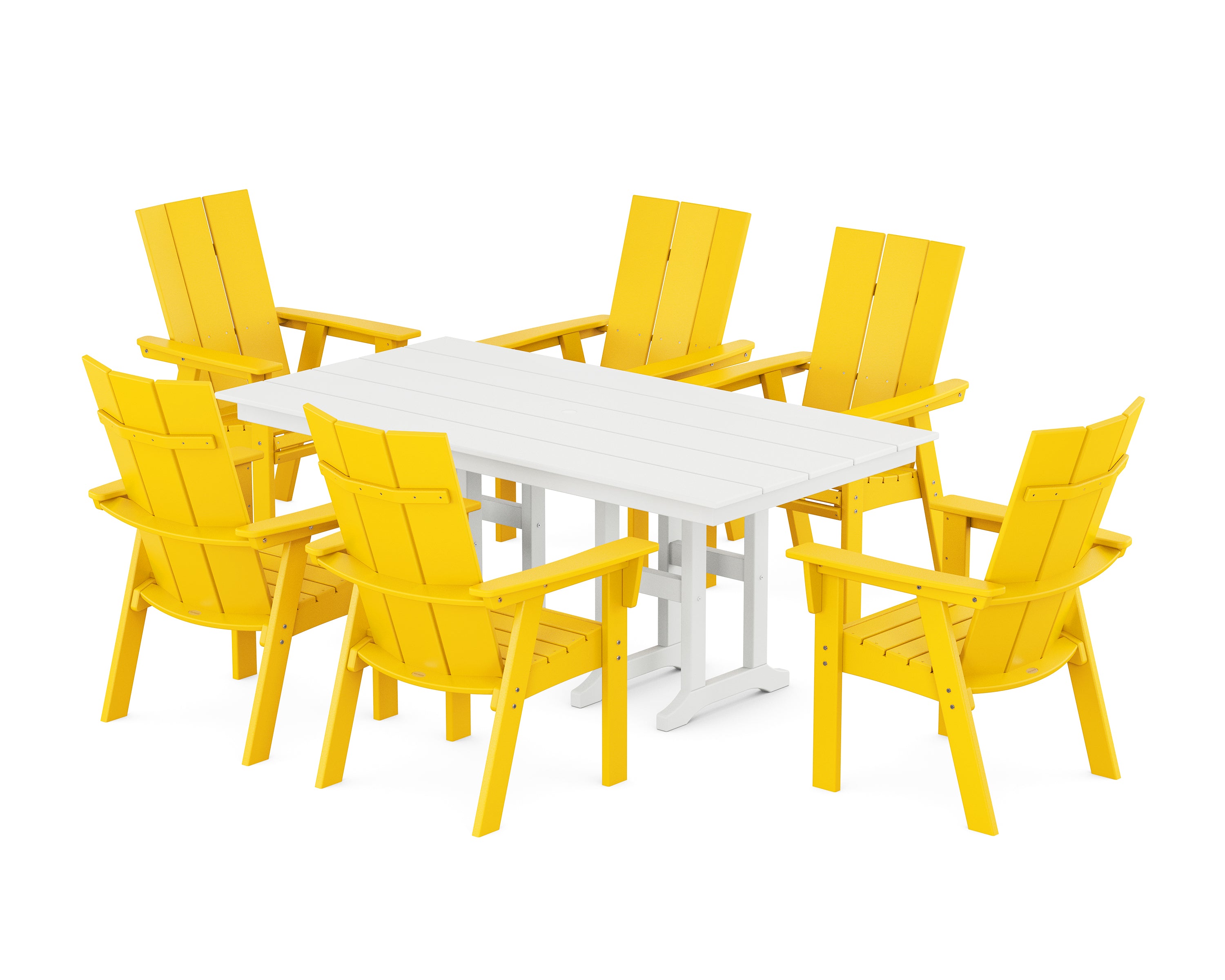 POLYWOOD® Modern Curveback Adirondack 7-Piece Farmhouse Dining Set in Lemon / White