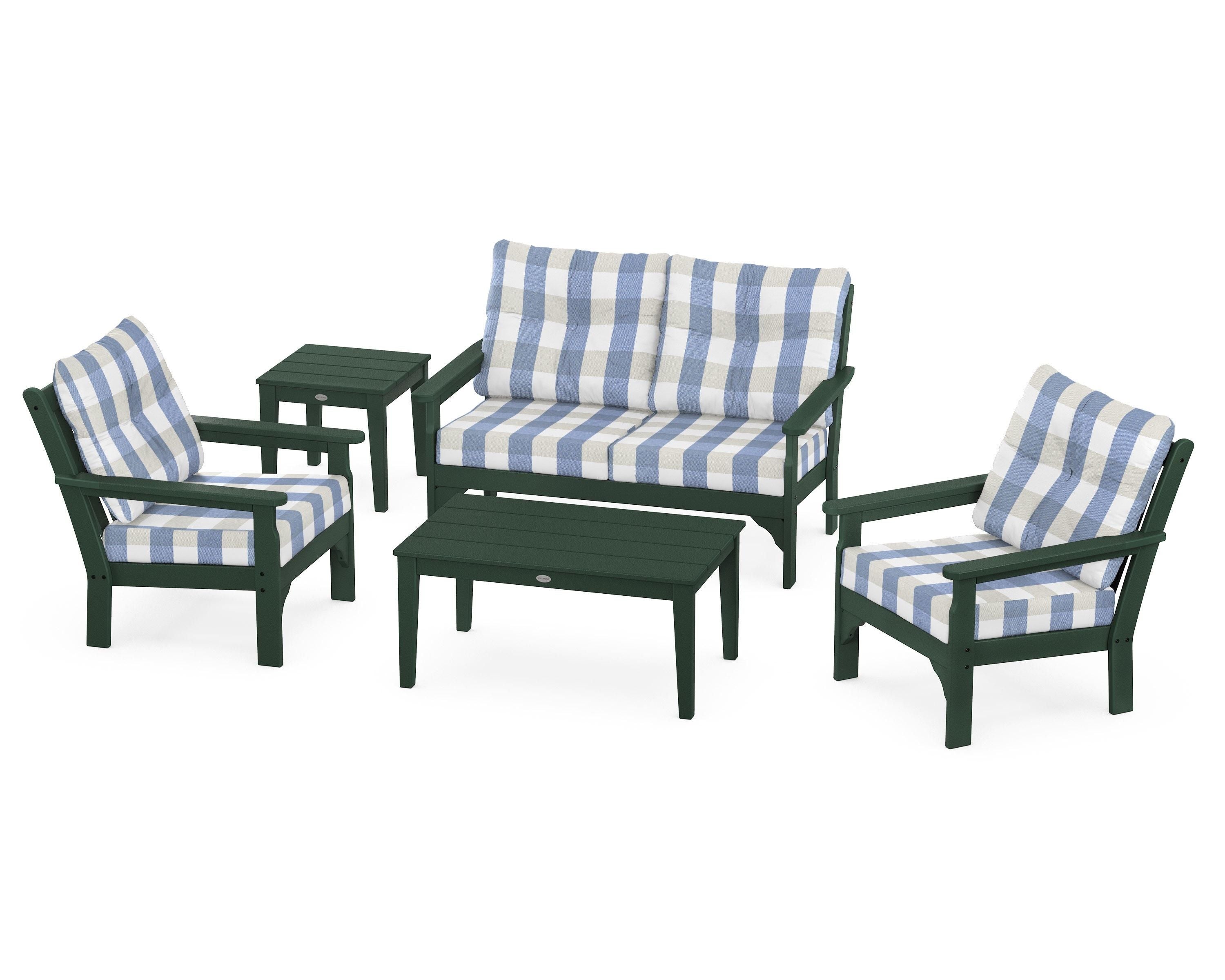 POLYWOOD® Vineyard 5-Piece Deep Seating Set in Green / Buffalo Plaid Sky Blue