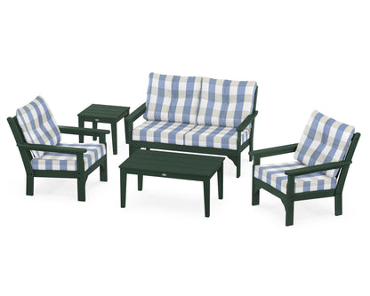 POLYWOOD® Vineyard 5-Piece Deep Seating Set in Green / Buffalo Plaid Sky Blue