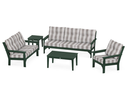 POLYWOOD® Vineyard 5 Piece Deep Seating Set in Green / Buffalo Plaid Grey Mist