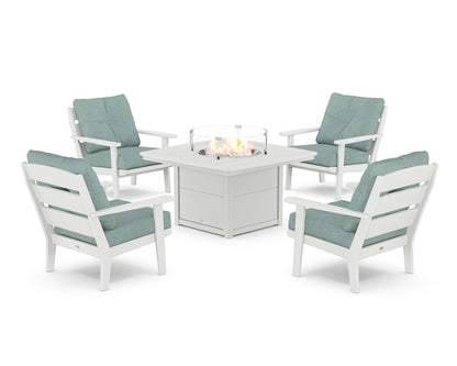 POLYWOOD® Lakeside 5-Piece Deep Seating Set with Nautical Fire Pit Table in White / Glacier Spa