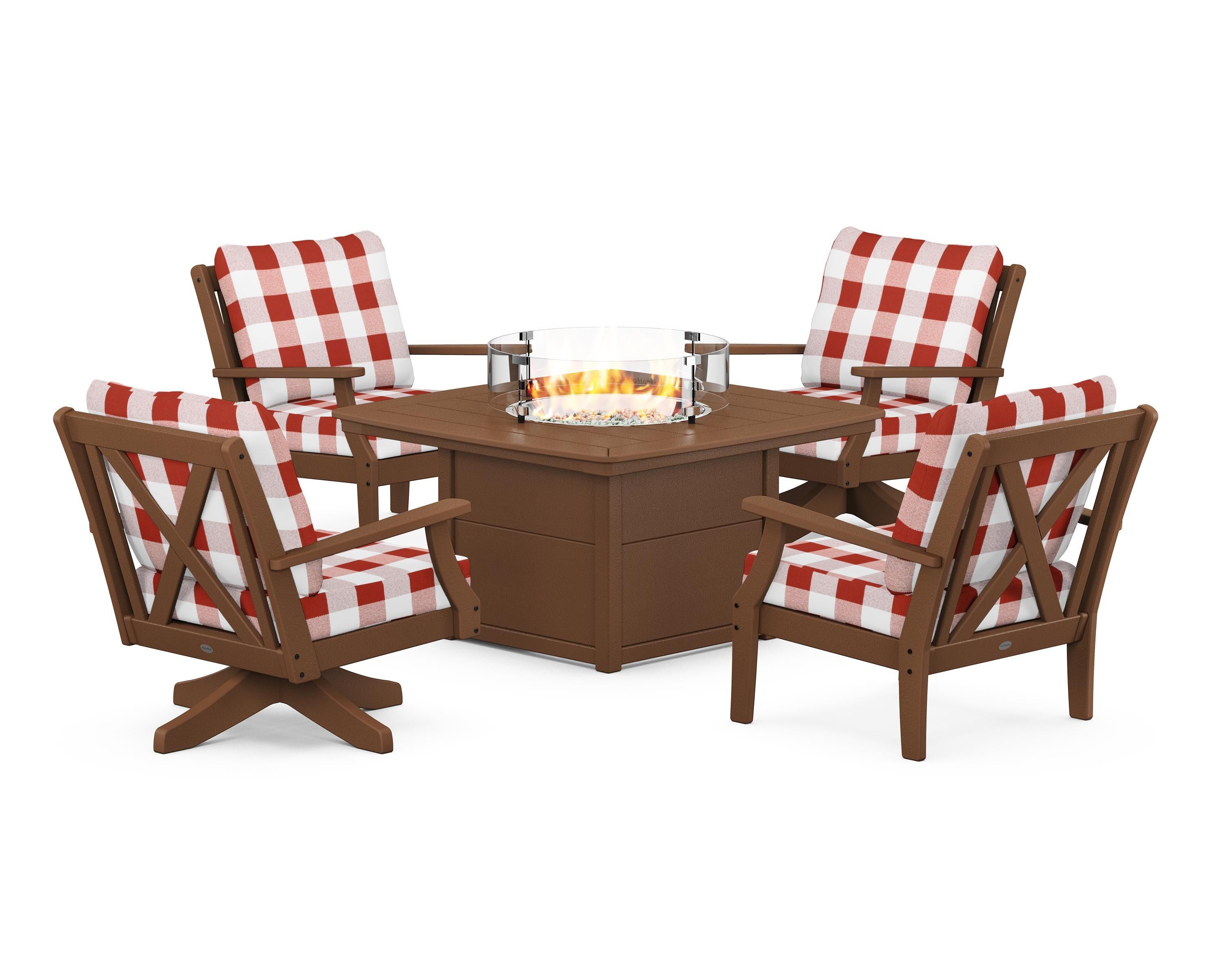 POLYWOOD® Braxton 5-Piece Deep Seating Set with Fire Table in Teak / Buffalo Plaid Crimson