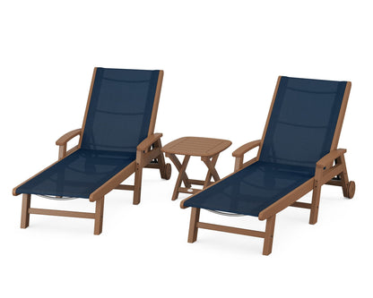 POLYWOOD® Coastal 3-Piece Wheeled Chaise Set in Teak / Navy Blue Sling