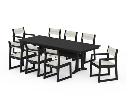 POLYWOOD® EDGE Sling 9-Piece Farmhouse Trestle Dining Set in Black / Parchment Sling