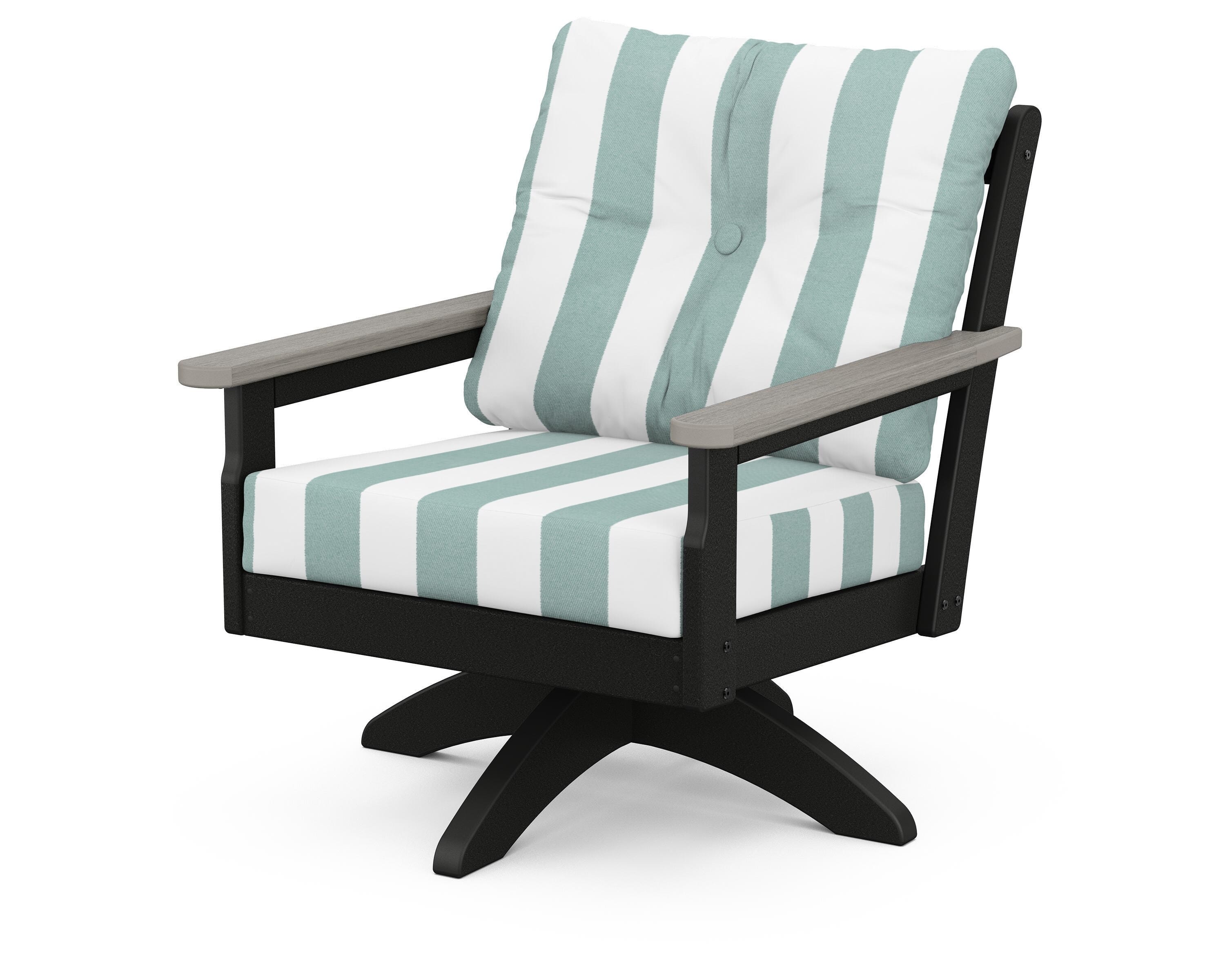 POLYWOOD® Vineyard Deep Seating Swivel Chair in Black / Driftwood / Cabana Stripe Glacier Spa