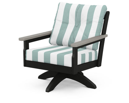 POLYWOOD® Vineyard Deep Seating Swivel Chair in Black / Driftwood / Cabana Stripe Glacier Spa