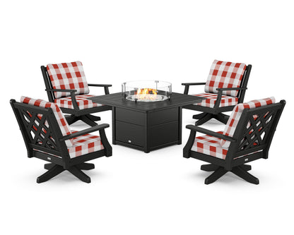 Country Living Wovendale 5-Piece Deep Seating Swivel Conversation Set with Fire Pit Table in Black / Buffalo Plaid Crimson