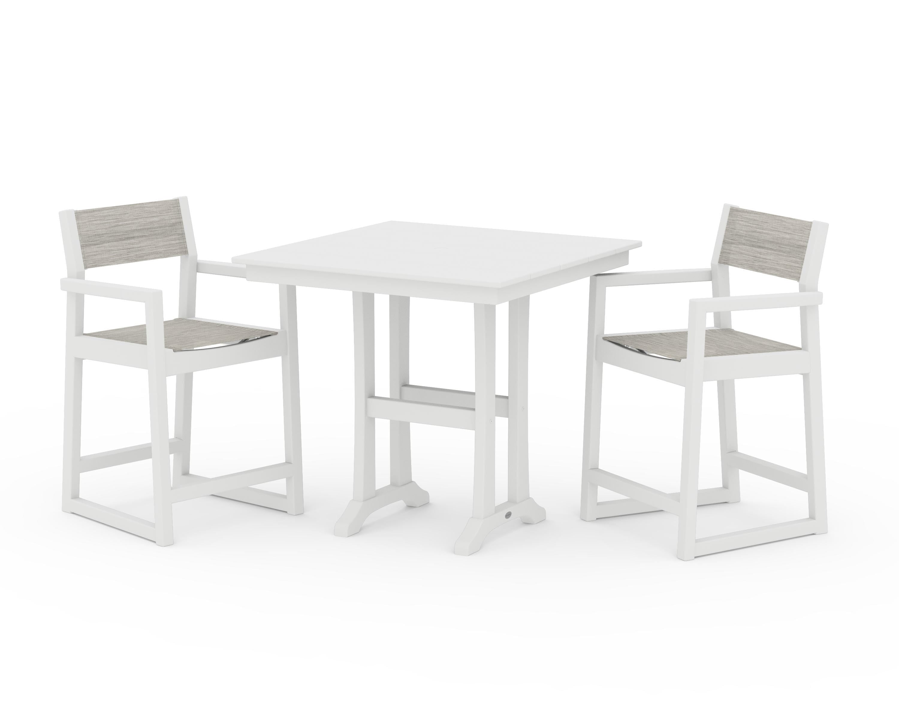 POLYWOOD® EDGE Sling Arm Chair 3-Piece Farmhouse Counter Set with Trestle Legs in White / Birch Sling