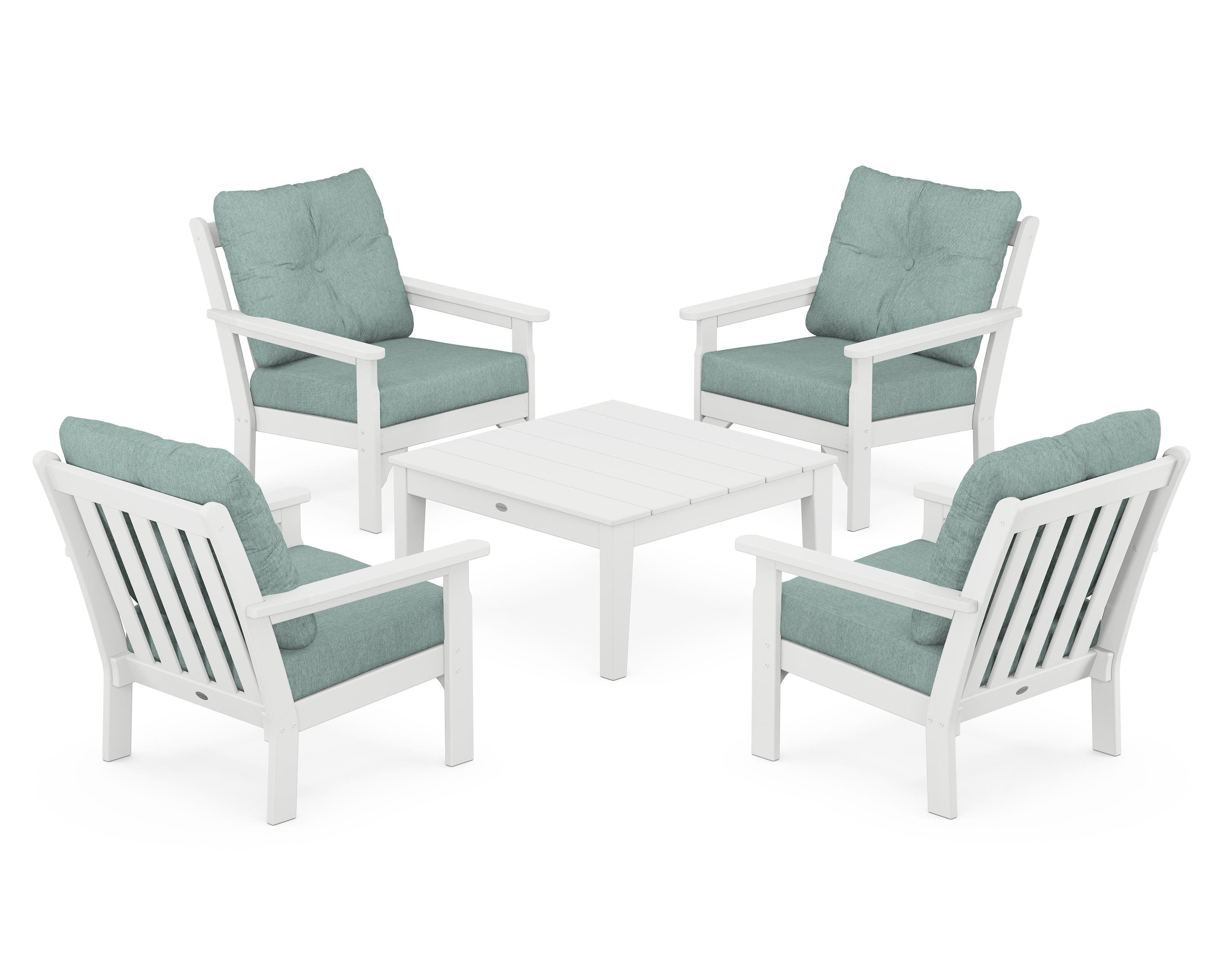POLYWOOD® Vineyard 5-Piece Deep Seating Conversation Set in White / Glacier Spa