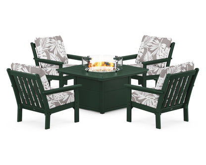 POLYWOOD® Vineyard 5-Piece Conversation Set with Fire Pit Table in Green / Leaf Grey Mist