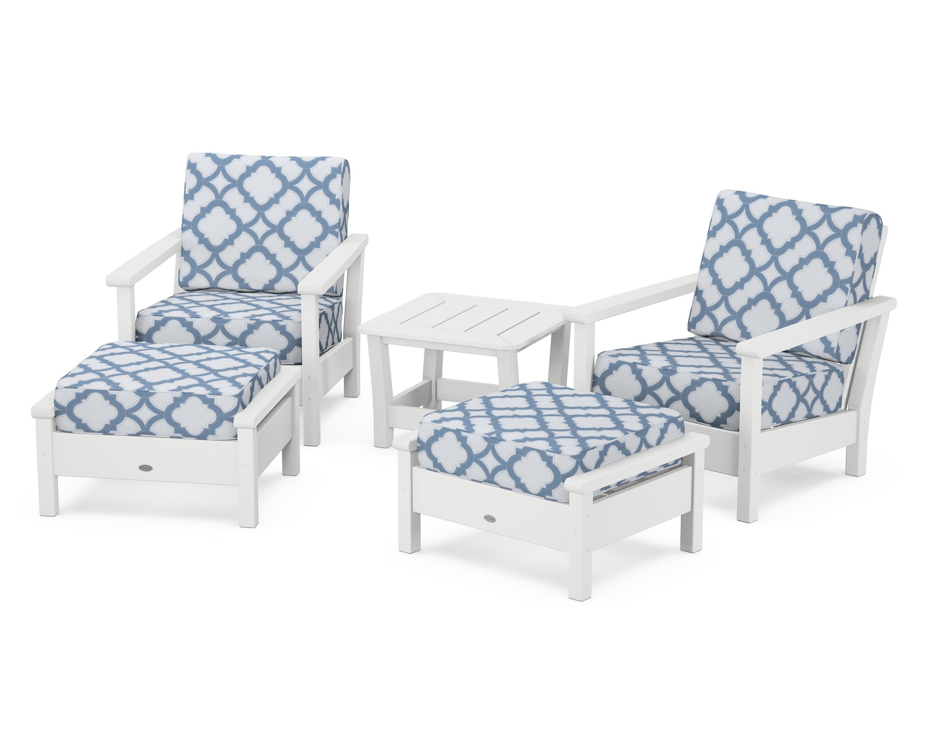 POLYWOOD® Harbour 5-Piece Deep Seating Chair Set in White / Trellis Sky Blue