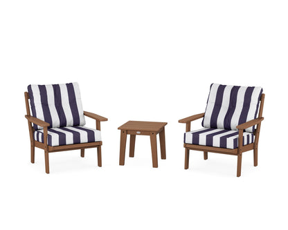 POLYWOOD® Oxford 3-Piece Deep Seating Set in Teak / Cabana Stripe Navy