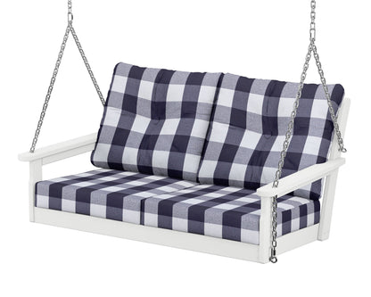 POLYWOOD® Vineyard Deep Seating Swing in White / Buffalo Plaid Navy