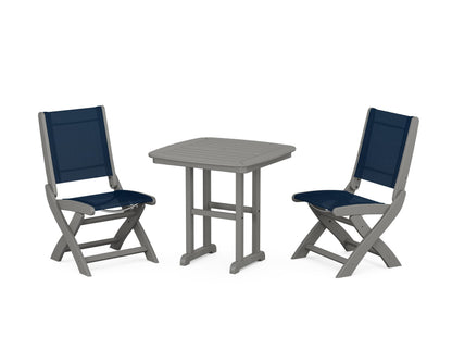 POLYWOOD® Coastal Folding Side Chair 3-Piece Dining Set in Slate Grey / Navy Blue Sling