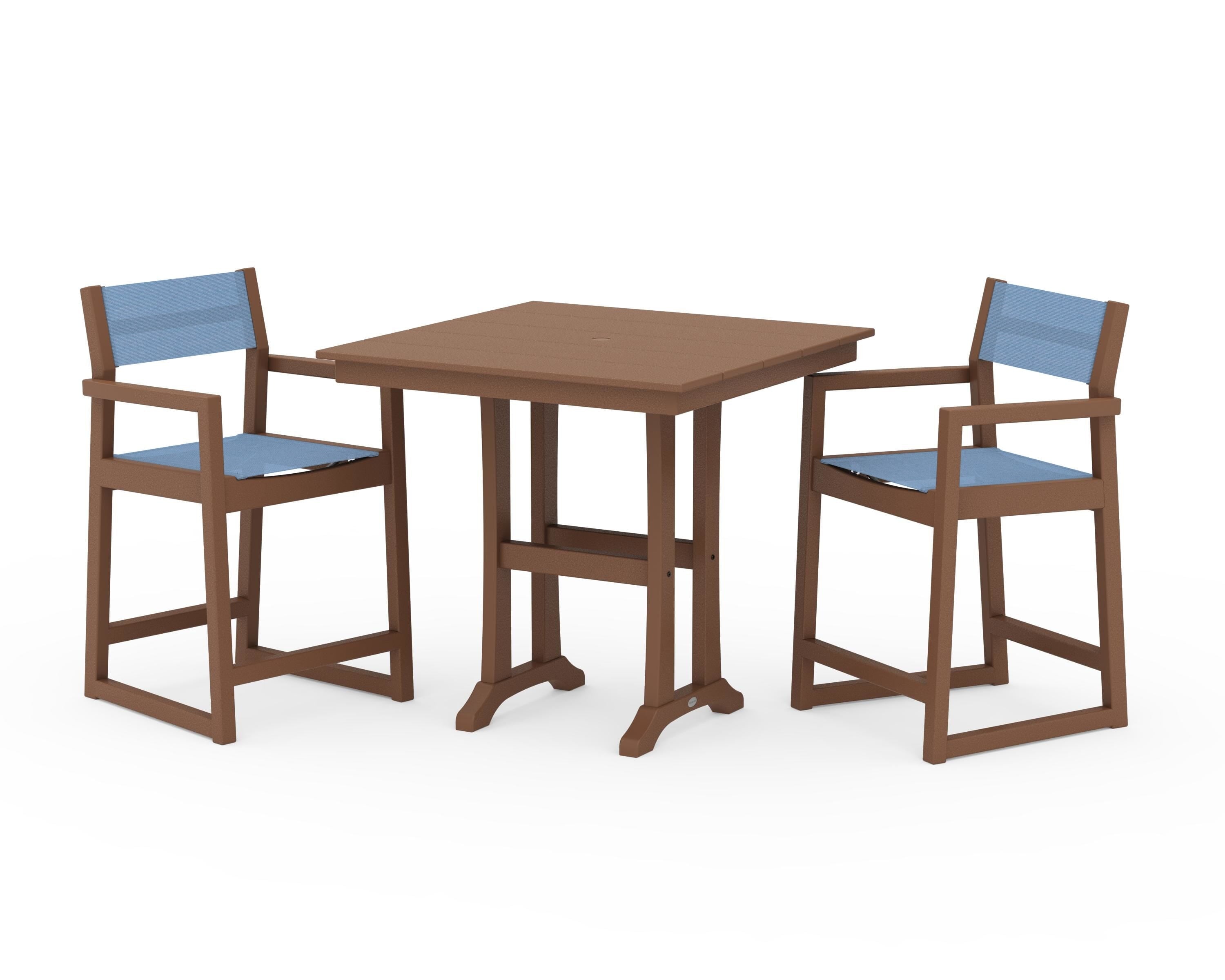 POLYWOOD® EDGE Sling Arm Chair 3-Piece Farmhouse Counter Set with Trestle Legs in Teak / Poolside Sling