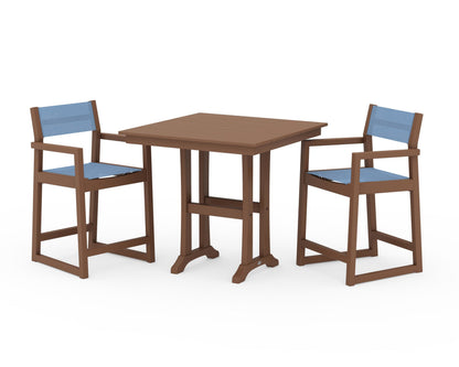 POLYWOOD® EDGE Sling Arm Chair 3-Piece Farmhouse Counter Set with Trestle Legs in Teak / Poolside Sling