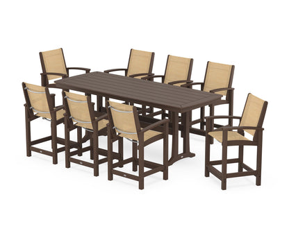 POLYWOOD® Coastal 9-Piece Counter Set with Trestle Legs in Mahogany / Dupioni Apricot Sling