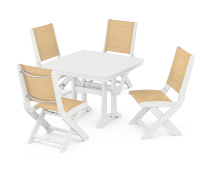 POLYWOOD® Coastal Folding Side Chair 5-Piece Dining Set with Trestle Legs in White / Dupioni Apricot Sling